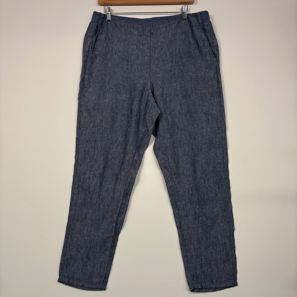 J. Jill Women Pants M Blue Love Linen Elastic Waist Tapered Leg Chambray Beach